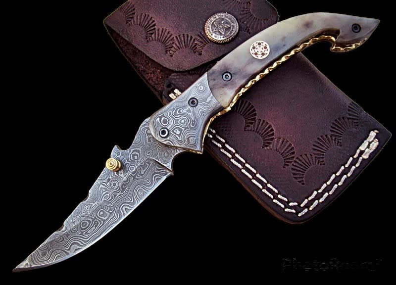 Limited Edition - FNA-32 Custom Handmade Damascus Steel Folding Knife - Beautiful Camel Bone Handle with Damascus Steel Bolsters (Colored Bone)