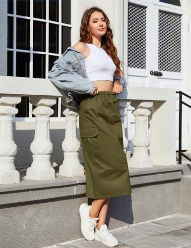 KTILG Skirt Women Midi Cargo Long Skirt Y2k Pockets Casual Light Trendy Fashion Petite Side Split Solid 2024 Low Waist Army Green