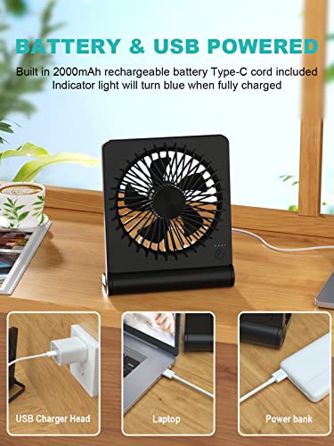 Tevelecin Small Desk Fan, 2000mAh Rechargeable USB Fan Battery Operated,Ultra Quiet, Strong Wind, 3 Speeds Travel Fan