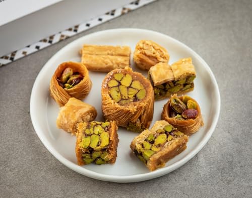 YAFA Baklava -Middle Eastern Sweets- Pistachio Baklava - Bakery Dessert-Turkish Delights Assorted - Eid Gift Basket - Turkish Baklava-Taste of Palestine-Baklava Gift Box 450g (46-48pcs)