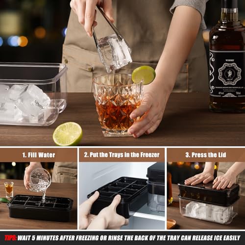 PHINOX Large Ice Cube Tray with Lid and Bin, Ice Trays for Freezer, 2 INCH Whiskey Ice Cubes Mold, 1*8 pcs Square Ice Cube Mold with Tong, Easy to Release, Large Ice Tray for Whiskey Cocktail Bourbon