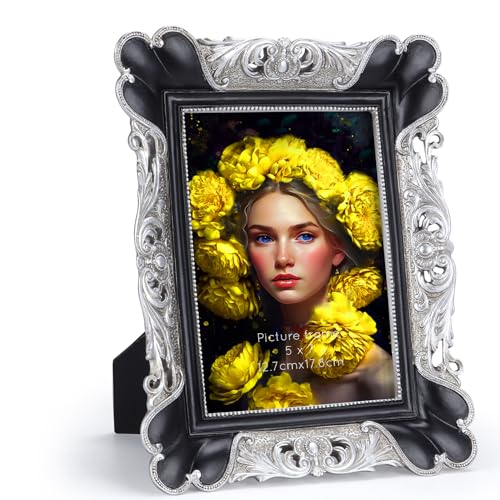 PETAFLOP 5x7 Vintage Picture Frame, Antique Photo Frames 7x5 with Silver Edge, Tabletop Wall Hanging, Black