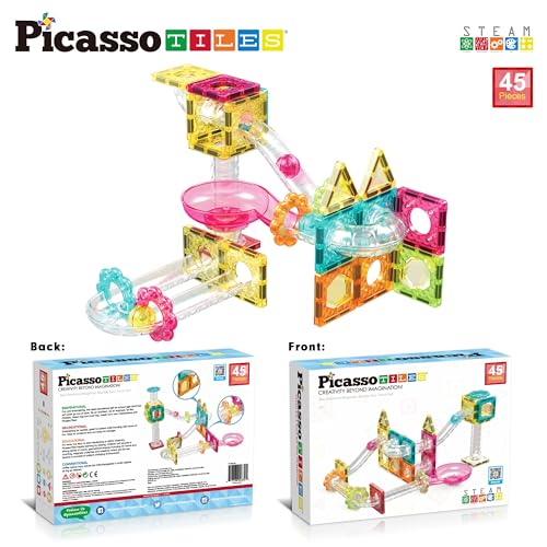 PicassoTiles Magnet Tiles Building Block Travel Size Magnetic Marble Run Construction Toy Set Mini Diamond Marble Racetrack Building Blocks Playset Education STEM Learning Kit Boy Girl 3+ PTMG45