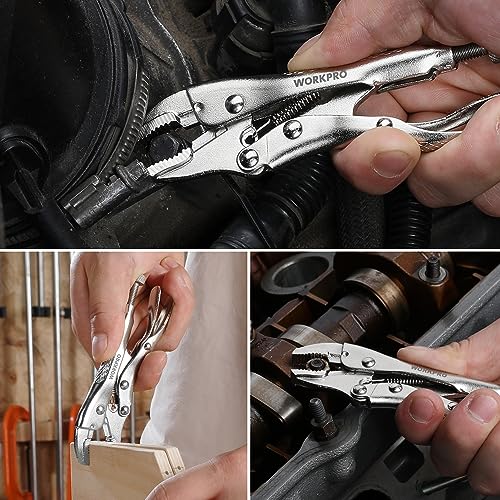 WORKPRO Locking Pliers, 4-inch Curved Jaw Vice Grips pliers, Chromium-Vanadium Steel Locking Pliers with Wire Cutter, Locking Adjustable Vise Grips for Clamping Twisting Welding