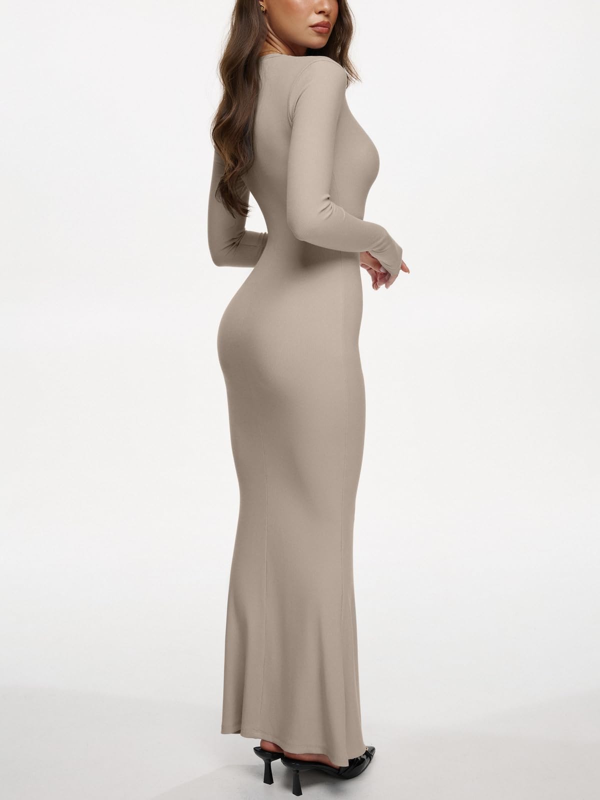 REORIA Women's Maxi Dress Formal Long Sleeve Wedding Guest V Neck Flowy Fishtail Long Dresses Cocktail Night Out Fall Outfits Khaki Large