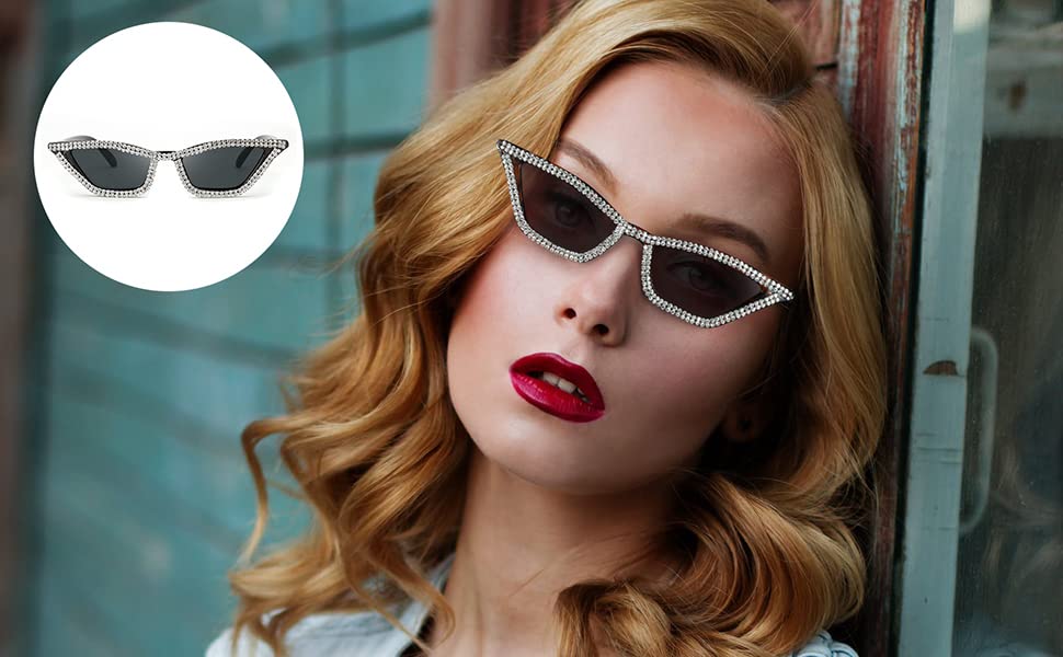 FEISEDY Small Cat Eye Sunglasses for Women Vintage Square Sparkling Crystal Trendy Retro Cateye Sunglasses B2317