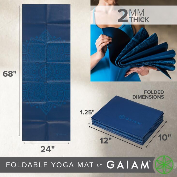 Gaiam Yoga Mat Folding Travel Fitness & Exercise Mat | Foldable Yoga Mat for All Types of Yoga, Pilates & Floor Workouts, Blue Sundial, 2mm