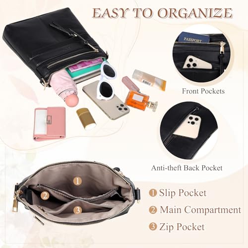 RAVUO Crossbody Bags for Women, Vegan Leather Shoulder Purse Ladies Casual Wallet Satchel with 2 Detachable Straps Black