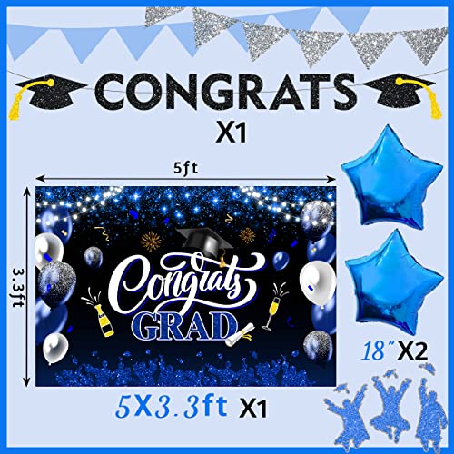 2024 Graduation Decorations-122Pcs Graduation Party Supplies Included Congrats Grad Backdrop,Graduation Banner, Balloons and Tableware(Blue)