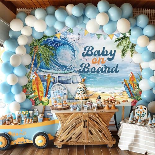 MEHOFOND 7x5ft Soft Fabric Summer Baby on Board Baby Shower Backdrop Summer Beach Oh Baby Baby Shower Party Decorations Tropical Sea Wave Surfboard Background Seaside Newborn Birthday Photo Props
