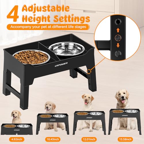 URPOWER Elevated Dog Bowls Mess Proof Raised Dog Bowl 4 Height Adjustable Dog Bowl Stand with 2 Stainless Steel Dog Food and Water Bowl Non-Slip Dog Bowl Set for Small Medium Large Dogs & Pets