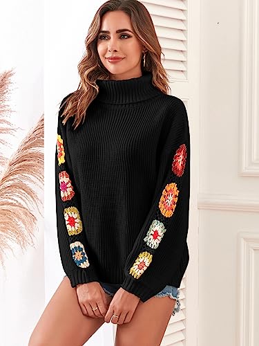 ZAFUL Turtleneck Sweater for Women Pullover Puff Long Sleeve Boho Knit Sweaters Trendy Knitwear Top Coffee Flower Crochet L