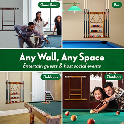 Iszy Billiards Pool Cue Rack - Billiard Pool Stick and Ball Holder Only - 100% Wood Wall Mount Holds 6 Cues and 16 Balls - Pool Table Accessories, Oak