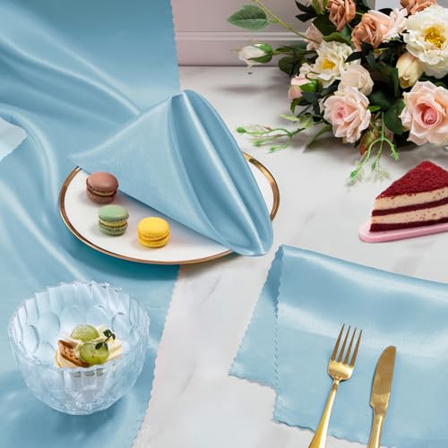 Horbaunal 100 Pack Satin Napkins 17" x 17" Square Dinner Napkins with Elegant Lace, Soft Cloth Napkins for Parties, Weddings, Events, Baby Blue