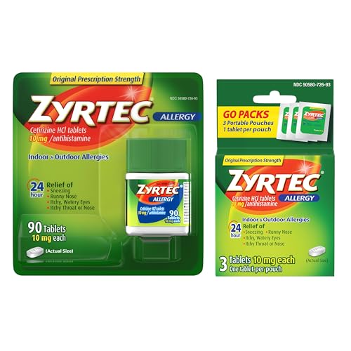 Zyrtec 24 Hour Allergy Relief Tablets, Indoor and Outdoor Allergy Medicine with 10 mg Cetirizine HCl per Antihistamine Tablet, Value Pack, 90 ct + 3 ct Travel Packs