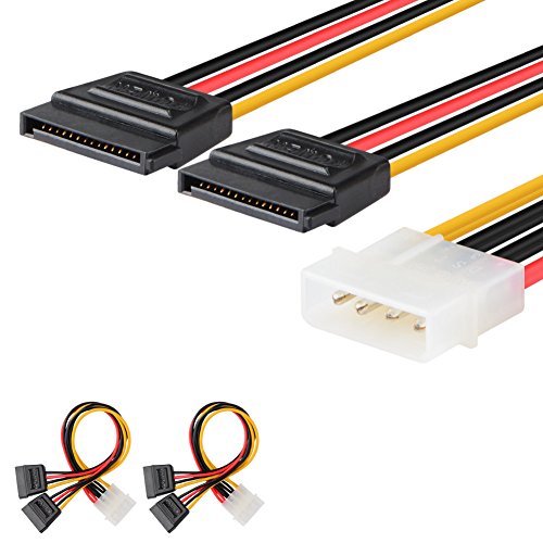 J&D 4 Pin Molex to Dual SATA Power Y-Cable Adapter, (2 Pack) 4 Pin IDE Female Molex (LP4) to Dual 15 Pin Female SATA Power Extension Cable Adapter 18AWG, 8 inch