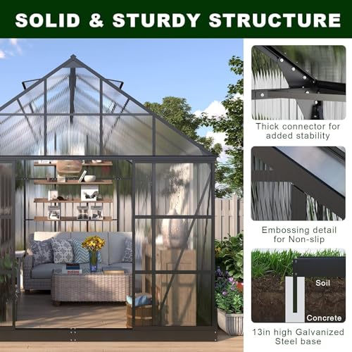 AMERLIFE 12x10x10FT Polycarbonate Greenhouse with 2 Sliding Doors 4 Vents Walk-in Premium Professional Greenhouse Storage Aluminum Large Hot House for Outdoor Sunroom Garden Backyard Matte, Black