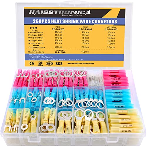 haisstronica 120PCS Heat Shrink Wire Connectors-Marine Grade Heat Shrink Butt Connectors-Electrical Connectors Kit of Tinned Red Copper,AWG 22-10 Crimp Insulated Ring Fork Butt Splice(3Colors)