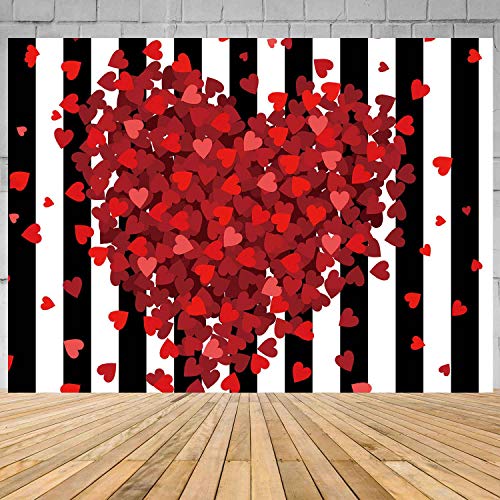 Red Hearts Backdrop for Wedding Anniversary, 9x6FT, Black White Striped Background,Romantic Patry Banner Photo Booth Props HXLU083