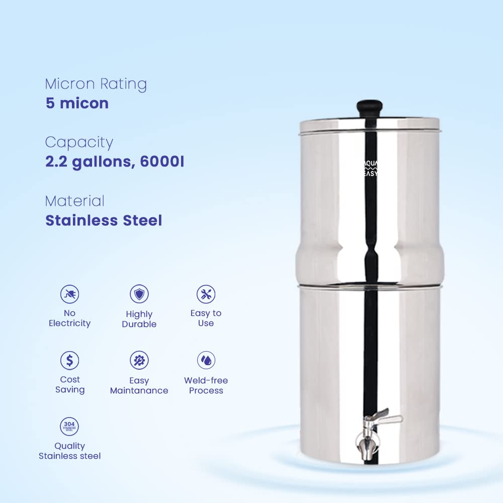 AquaEasy Lite Stainless Steel Gravity Water Filter System (2.25 Gallon) with 2X Activated Carbon Filter, (Glossy) Countertop Water Filtration System