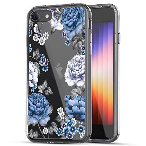 RANZ Compatible with iPhone SE (2022) Case, Anti-Scratch Shockproof Clear Protective Cover Case for iPhone SE (2022) / iPhone SE (2020) / iPhone 8 / iPhone 7 - Blue Roses