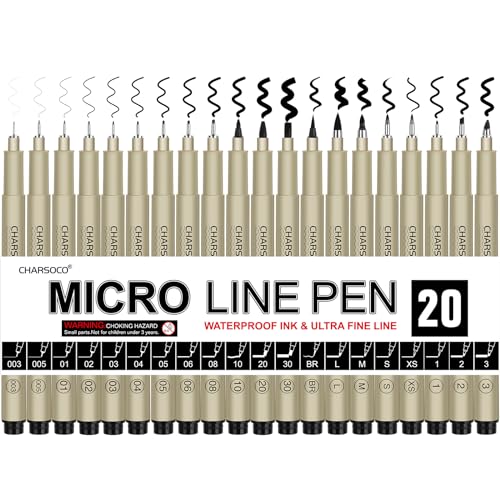 CHARSOCO Black Micro Pens, 20 Sizes in 0.15mm - 5mm, Waterproof Archival Ink, Fine Point Pen for Artist Illustration, Sketching, Anime, Manga and Technical Drawing