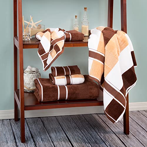 6PC Towel Set - Absorbent Cotton Bathroom Accessories with Bath Towels, Hand Towels, and Wash Cloths - Solid and Striped Bath Sheets by Lavish Home (Brown)