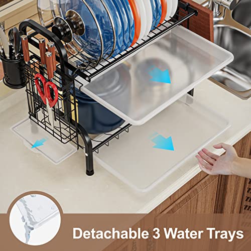 iSPECLE Dish Drying Rack - 2 Tier Dish Rack with Cup Holder, Dish Drainer with Automatic Drainage, Drainboard and Metal Utensil Holder Large Capacity for Small Kitchen Countertop Saving Space, Black