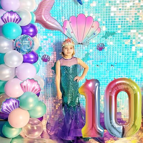 Cadeya Mermaid Number 0 Birthday Balloons, 40”Gradient Colorful Aluminum Foil Balloons for Girl Birthday Party, Baby Shower, Rainbow Party, Little Mermaid Party Decorations Supplies