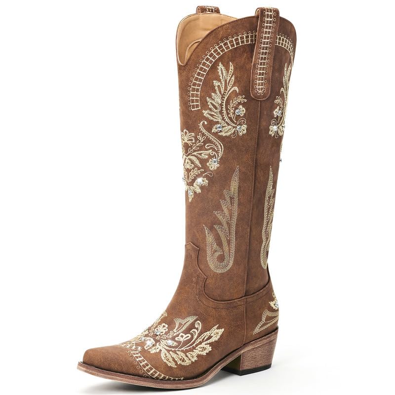 Dixhills Brown Cowboy Boots for Women - Wide Calf Knee High Cowgirl Boots, Glitter Sparkly Rhinestone Western Country Boots with Classic Embroidery, Pointed Toe Pull On Zipper Retro Boots Size 12