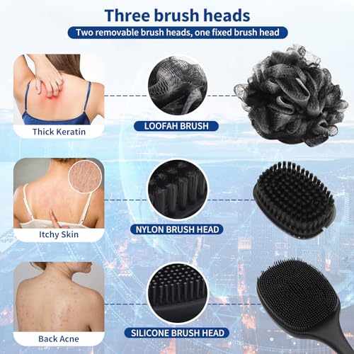 VWMYQ Silicone Back Scrubber for Shower, Bath Body Brush with Long Handle, Double Sided Shower Brush for Shower Exfoliating and Massage Can Produce Rich Foam, Long Handle Back Scrubber for Men