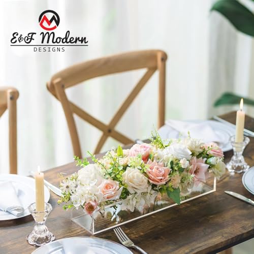 E&F Modern Designs Rectangular Floral Centerpiece Vases - 2 Pack 16 Holes Acrylic Clear Vase - Decorative Rectangle Flower Holder for Wedding Centerpiece Table Decorations
