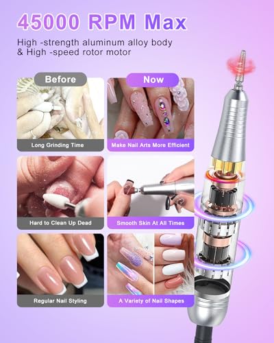 CozyZen Cordless Nail Drill Professional: 45000 RPM Rechargeable Electric Nail File Kit, Portable & Low Noise for Acrylic, Gel Nails, Manicure & Pedicure - Salon & Home Use