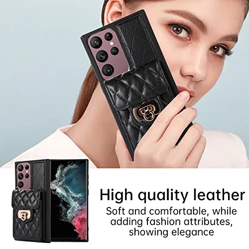 Asuwish Phone Case for Samsung Galaxy S23 Ultra 5G Wallet Cover with Credit Card Holder Shoulder Crossbody Strap Long Lanyard Leather Cell Accessories S23Ultra 23S S 23 23Ultra 6.8 inch Women Black