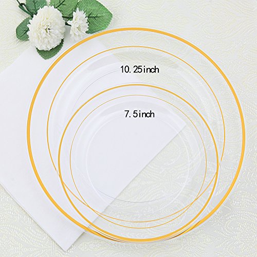 I00000 60 Pcs Clear Gold Plastic Plates, Gold Disposable Plates Includes: 30 Dinner Plates 10.25" and 30 Dessert Plates 7.5 ", Premium Clear Plates Prefect for Wedding and Gold Plates Party/Birthday