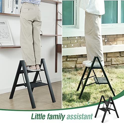 HBTower 2 Step Ladder, Aluminum Ladder, Folding Step Stool for Adults, 330LBS Capacity Sturdy& Portable Ladder for Home Kitchen Library Office, Gold