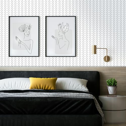 Erfoni Black and White Peel and Stick Wallpaper Modern Herringbone Contact Paper Bathroom 17.7inch x 78.7inch Geometric Removable Wall Paper Peel and Stick Self Adhesive Contact Paper