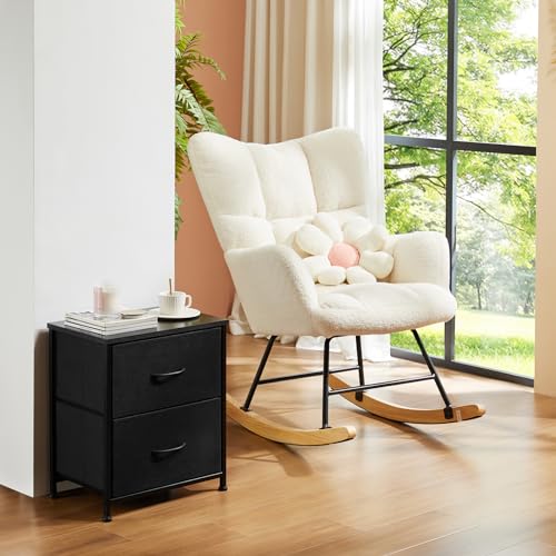 DUMOS Nightstand Small Dresser with 2 Fabric Drawers Side Bedroom End Table Kids Bedside Storage Furniture for 20 inch Tall Night Stand for Closet, Entryway, College Dorm, Medium, White