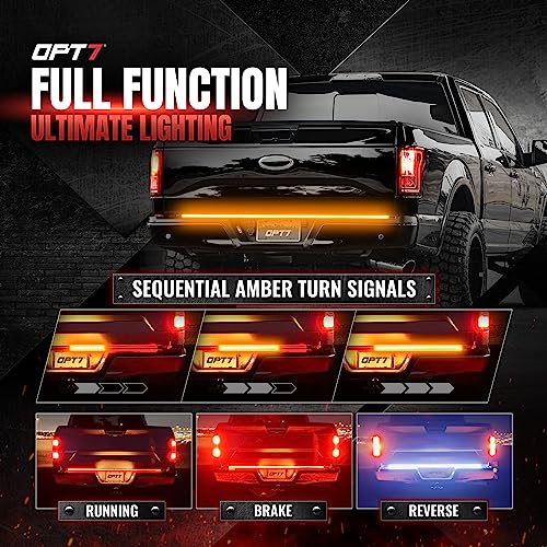 OPT7 48" Redline Parlux Triple Row LED Tailgate Light Bar w/Sequential Amber Turn Signal - Weatherproof Rigid Aluminum Light Strip for Colorado Frontier Ranger - Full Function Reverse Brake Running