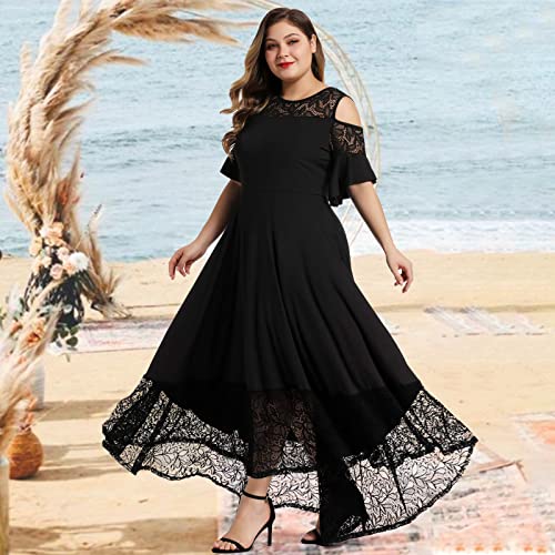 LALAGEN Womens Plus Size Casual Lace Cold Shoulder Long Plain Evening Party Maxi Dress Black 1X