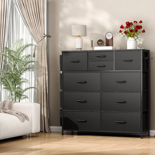 Black Dresser for Bedroom, Bedroom Dresser & Chests of Drawer, Fabric Dressers 10 Drawers, Black Dresser for Closet w/Side Pockets, Hooks, Clothes Dresser Storage for Hallway, Entryway, Kids Room