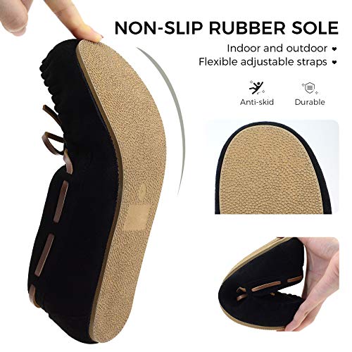 Vonair Women's Moccasin Slippers Micro Suede Warm Faux Fur Pile Lined Lace-Up Bow Cozy Indoor & Outdoor Moccasins Slip On Loafers Shoes for Women Black US 6