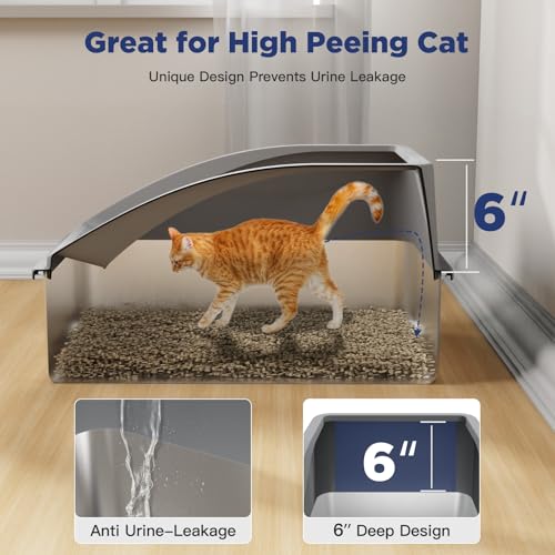 Stainless Steel Cat Litter Box, Extra Large Litter Boxes for Big Cats, XL Metal Cat Litter Box with Lid, Anti-Urine Leakage, Non-Sticky, Include Cat Mat and Litter Scoop