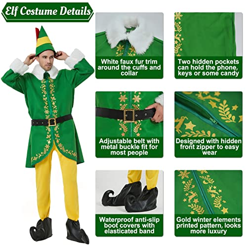 Wabolay Elf Costume Men Buddy Christmas Outfit Adult 5pcs Deluxe Suit Santa Couple Cosplay Holiday Halloween Xmas Party Full Set S