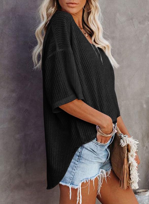 SHEWIN Womens 2024 Spring Summer V Neck Loose Batwing Sleeve Waffle Knit Off The Shoulder Tops Tunic Blouses Oversized Shirts for Women Black S