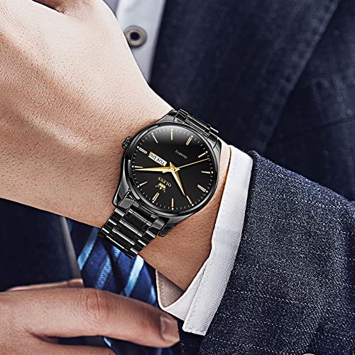OLEVS Men's Analog Watches Two Tone Stainless Steel Band Date and Day Quartz Watch for Men Black Dial Easy to Read Men's Battery Watch with Numbers Casual Hand Watches for Older Men Reloj de Hombre