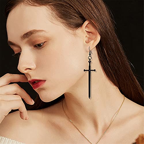 KVANU Unique Handmade Punk Gothic Long Dagger Sword Earrings Personalized Vintage Silver Knife Dangle Drop Earrings for Women Trendy Men Statement (Black)