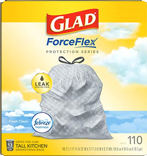 Glad Trash Bags, ForceFlex Tall Kitchen Drawstring Garbage Bags, 13 Gal, Fresh Clean Scent with Febreze, 110 Ct