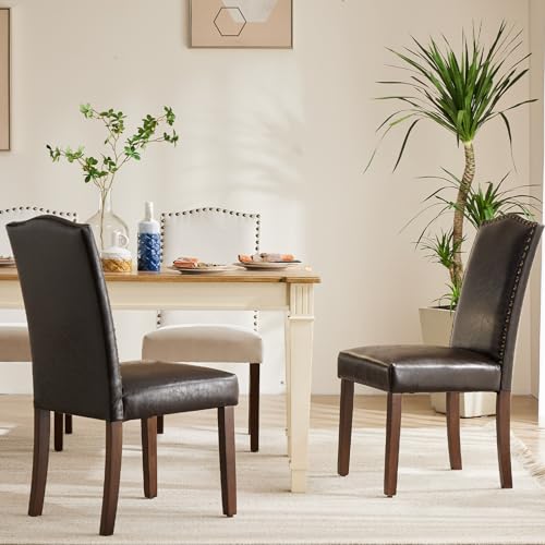 Sweetcrispy Dining Chairs Set of 2, Upholstered Leather Kitchen Room Chairs Mid Century Modern High-End Dining Room Side Chairs with Nailhead Trim and Wood Legs for Bedroom, Living Room, Brown