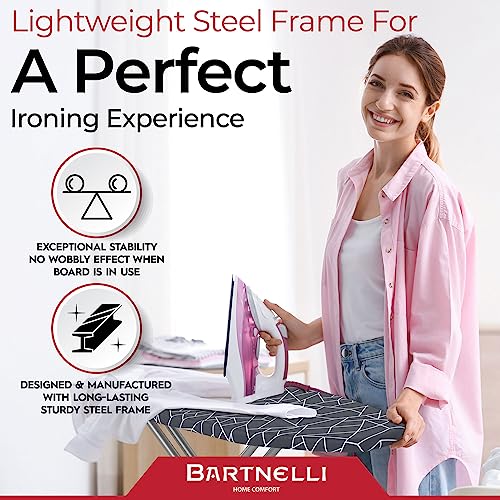 Bartnelli Ironing Board | Space-Saving and Ultimate Iron Board Experience 13x43 | Reinforced Steel Legs, Adjustable Height, 4-Layer Padding, Patent Folding System (BIBT-2110)